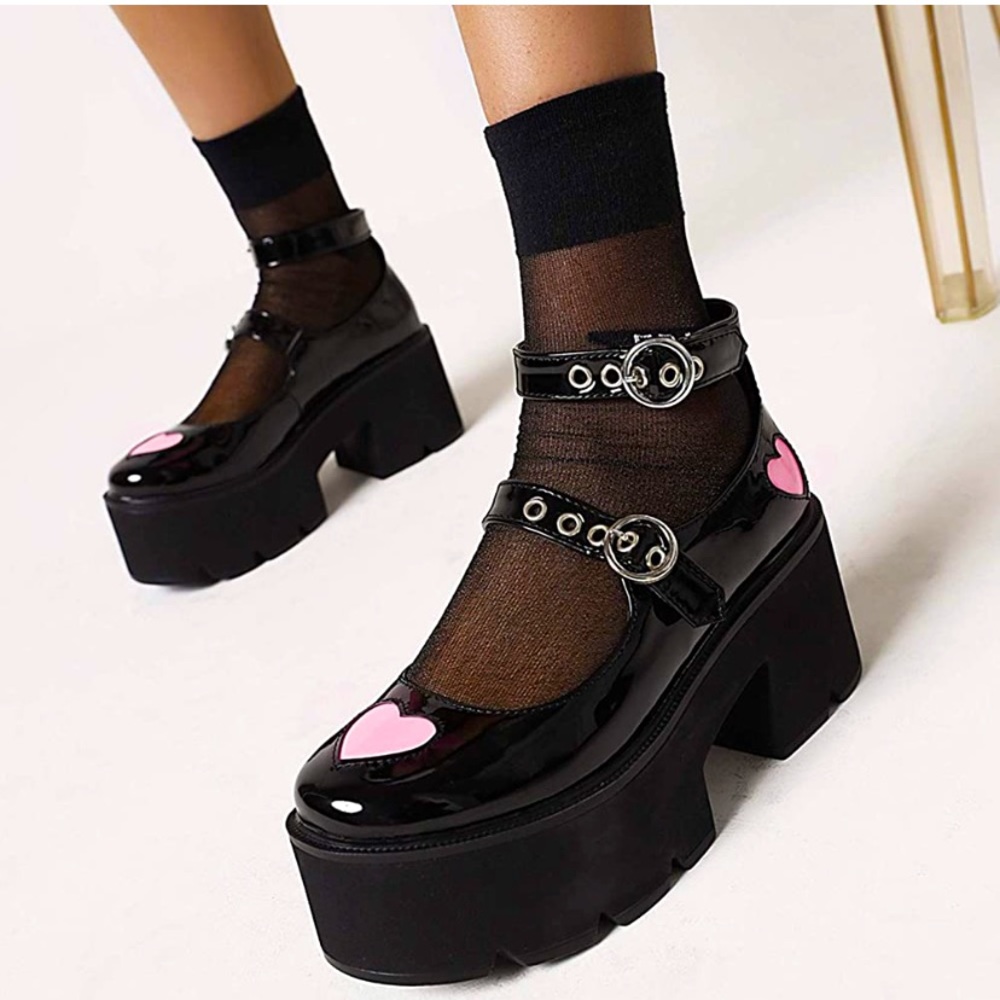Platform Mary Janes with pink hearts